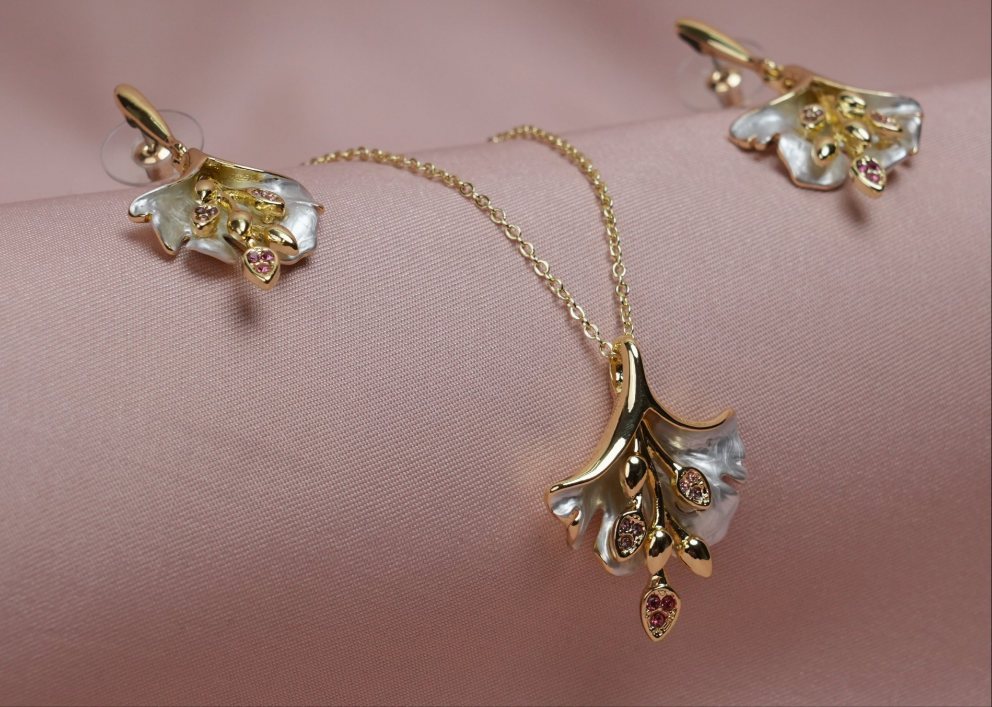 Floral Grace Pendant & Earrings Set – Gold & Mother of Pearl