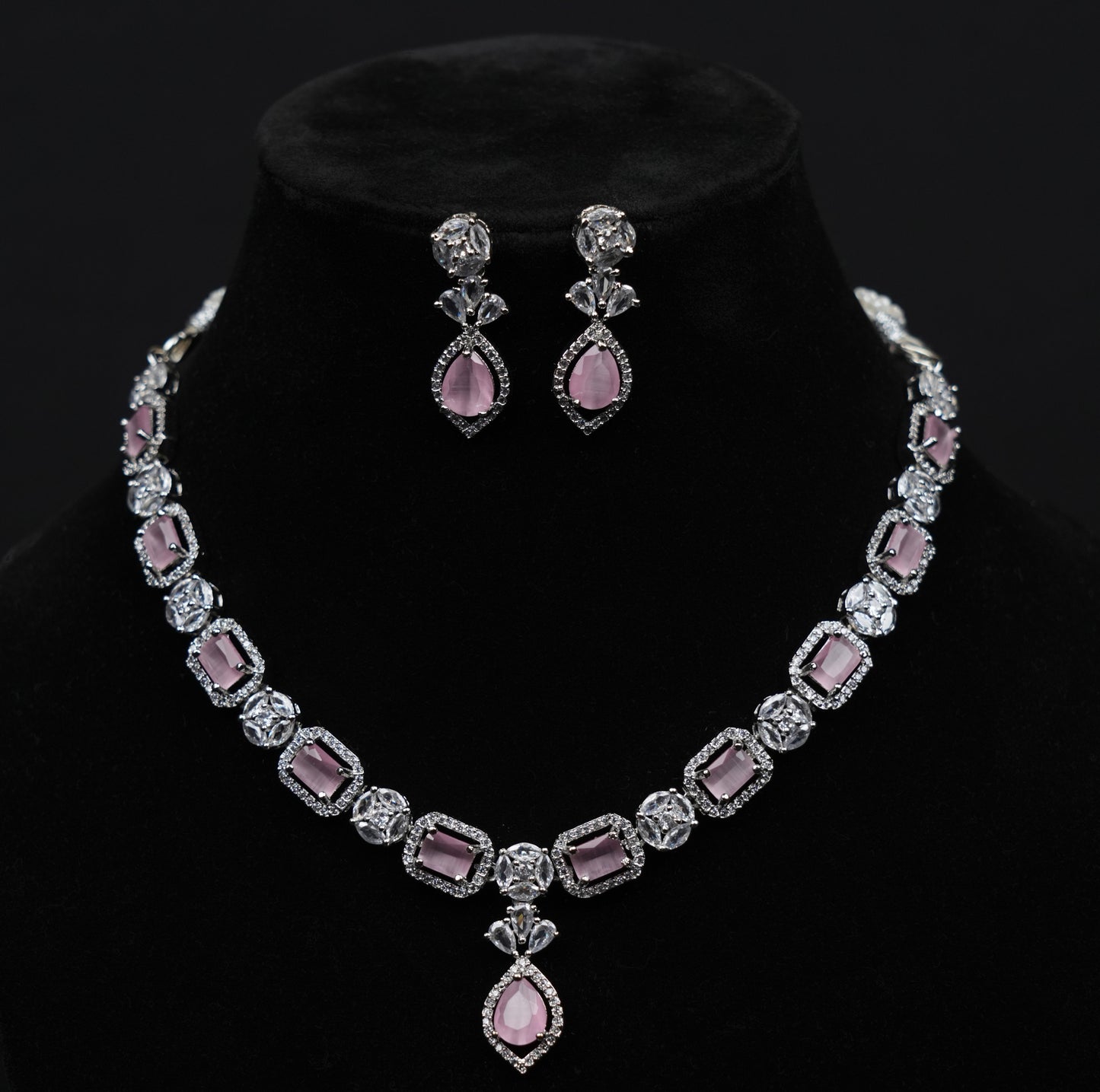 Graceful Pink CZ Silver-Plated Necklace Set