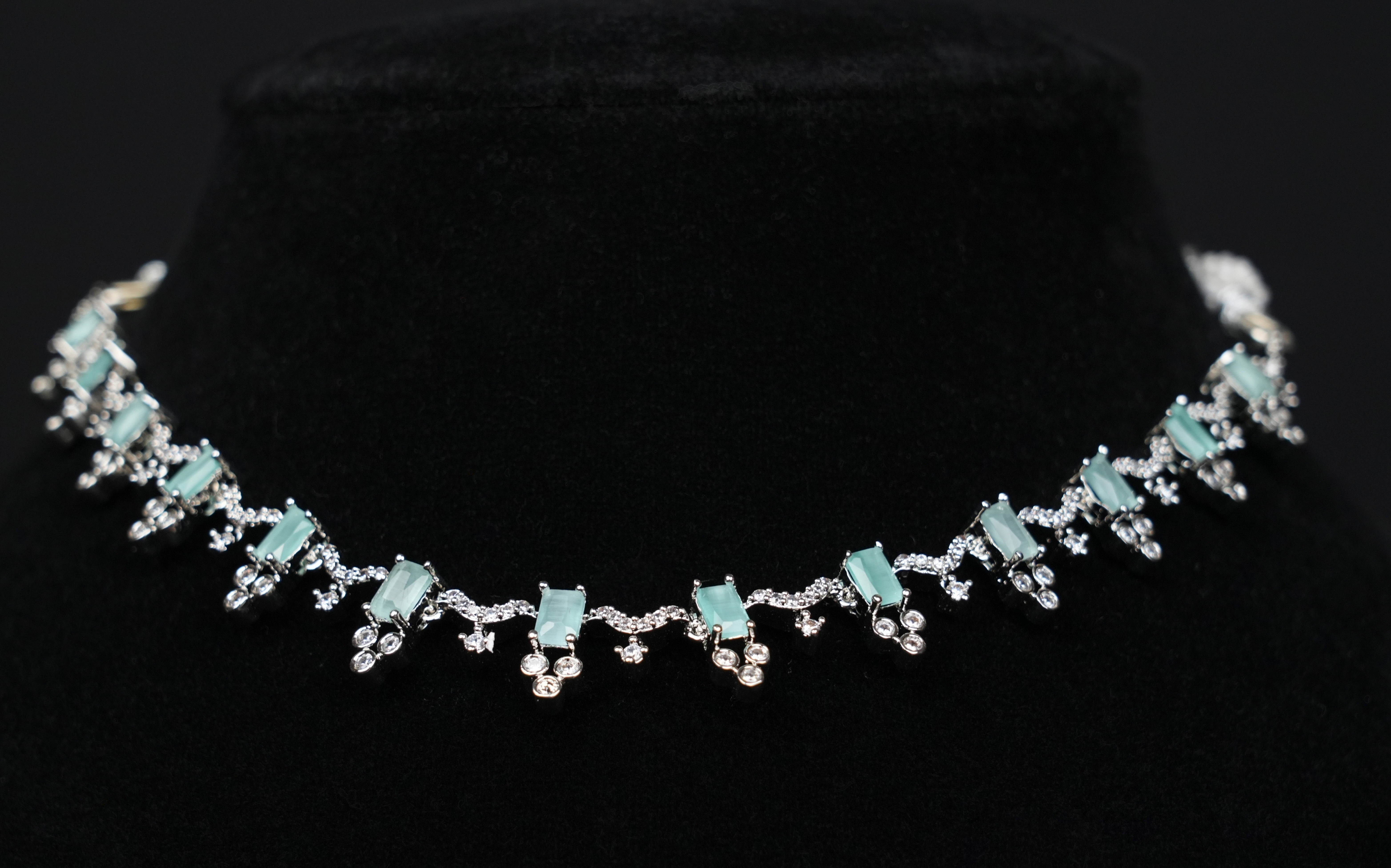 Delicate Aqua Blue & CZ Silver-Plated Necklace Set