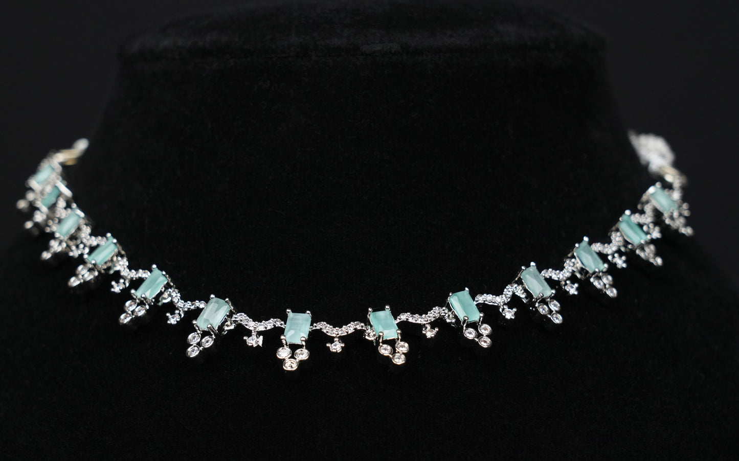 Delicate Aqua Blue & CZ Silver-Plated Necklace Set