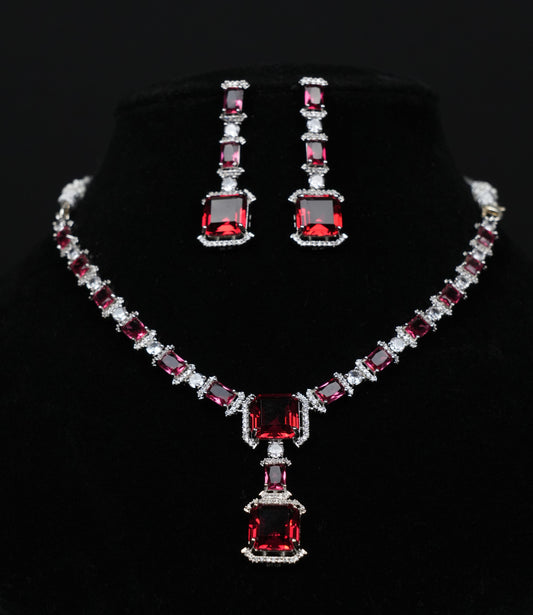 Regal Ruby Red CZ Silver-Plated Necklace Set