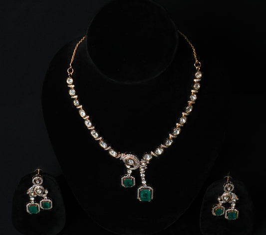 Elegant Kundan & Emerald Green Stone Necklace Set
