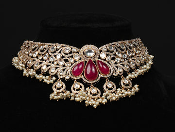Royal Kundan Pearl Choker with Ruby-Tone Stones