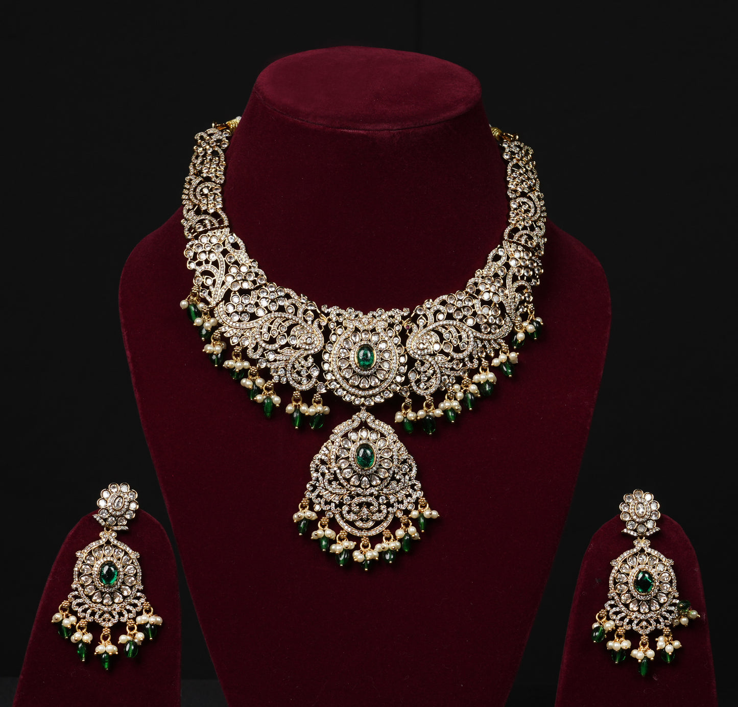 Heritage Heirloom Antique Gold Bridal Necklace Set – Emerald Accents