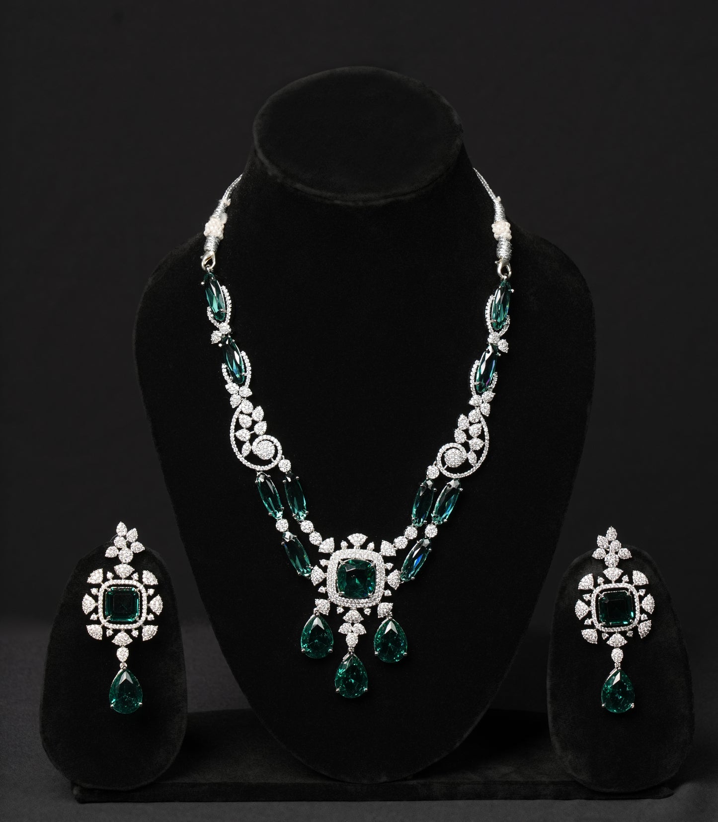 Rhodium-Plated American Diamond Studded Necklace & Earrings Set with Classic Drop Detailing