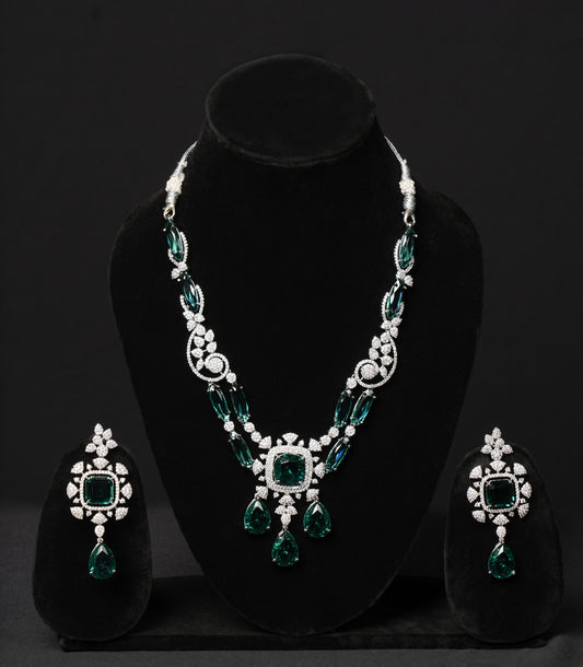 Rhodium-Plated American Diamond Studded Necklace & Earrings Set with Classic Drop Detailing