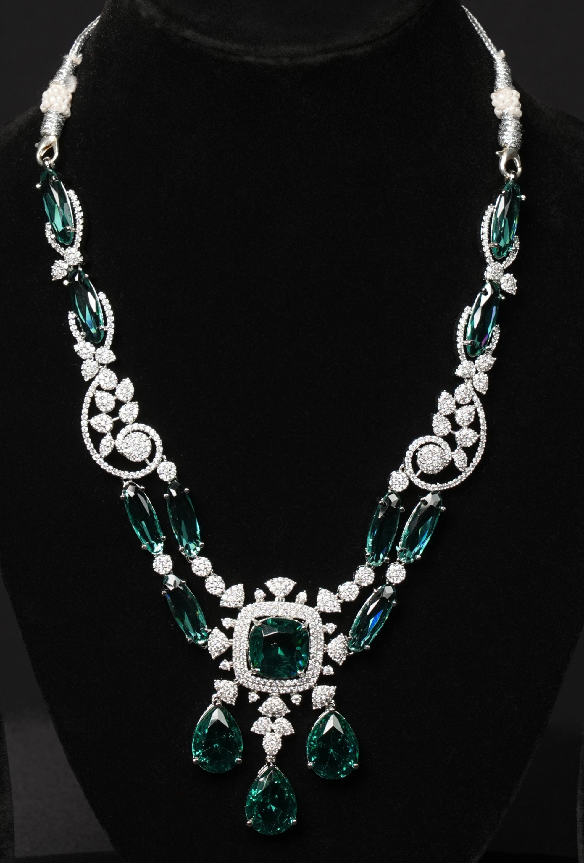 Rhodium-Plated American Diamond Studded Necklace & Earrings Set with Classic Drop Detailing