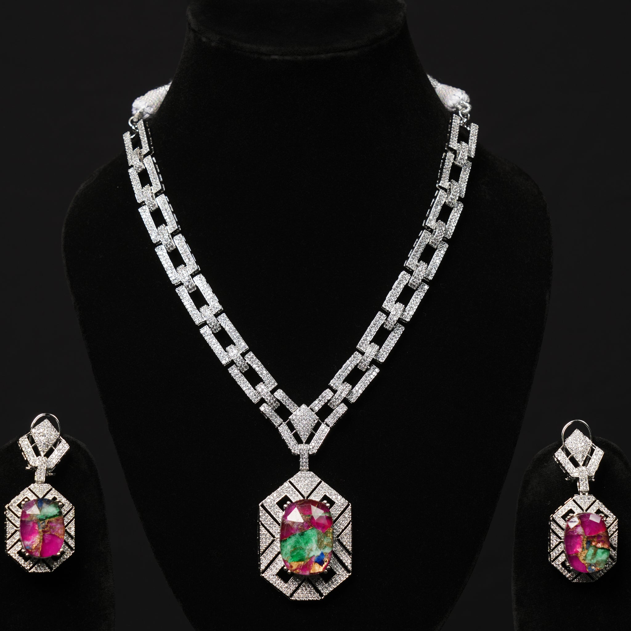 Emerald Cut Multi-Stone Pendant Necklace & Earring Set