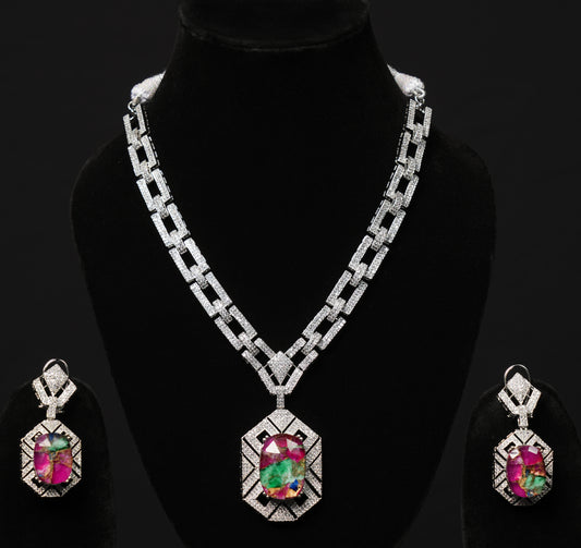 Emerald Cut Multi-Stone Pendant Necklace & Earring Set