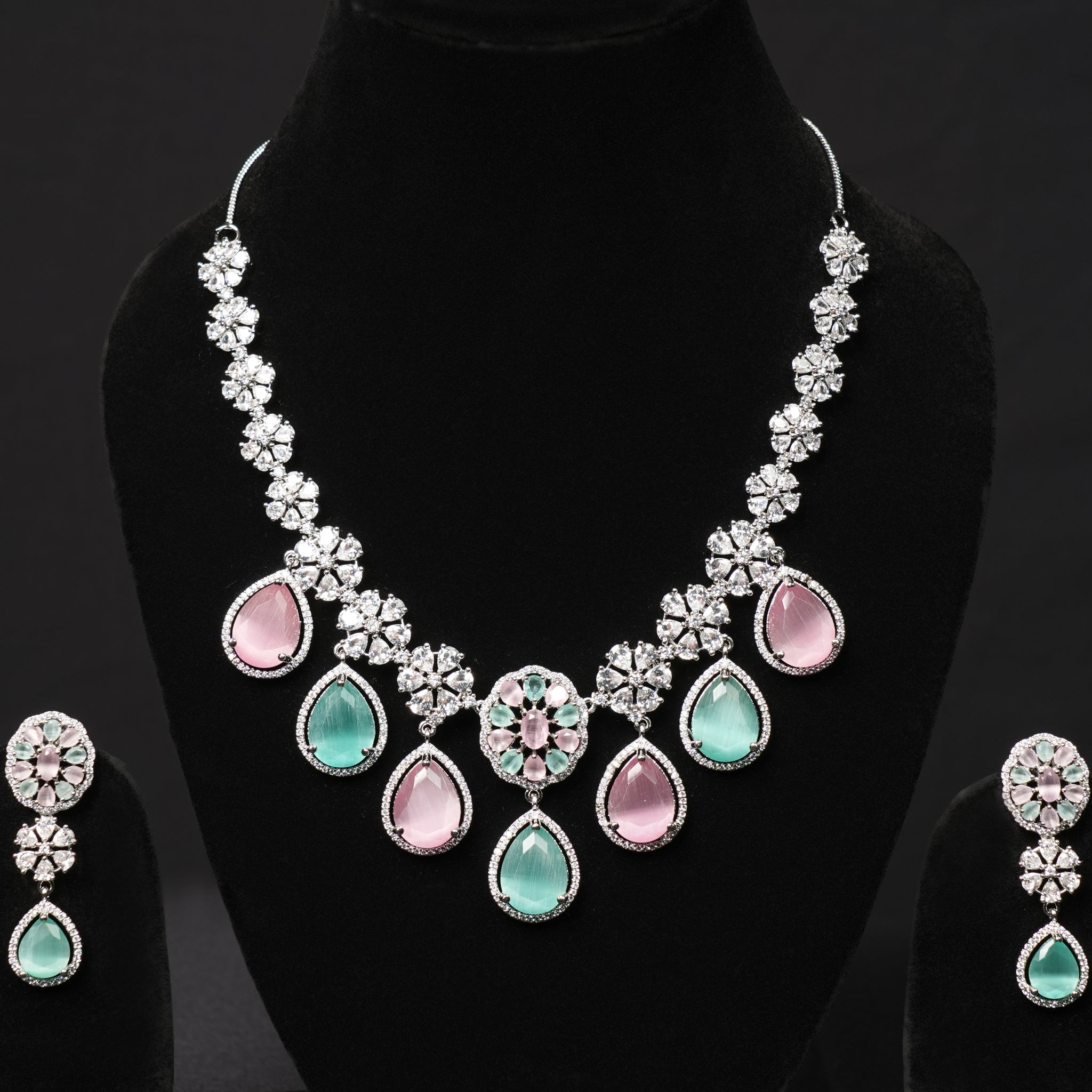 Pastel Bloom CZ Necklace Set – Mint & Blush Edition