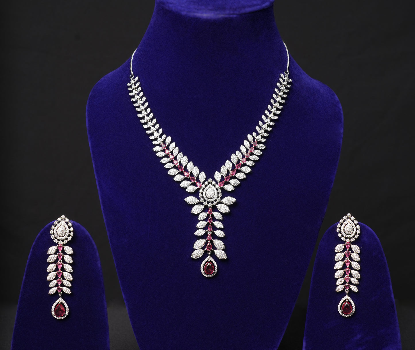 Crimson Elegance CZ Necklace Set with Ruby Drop Detailing
