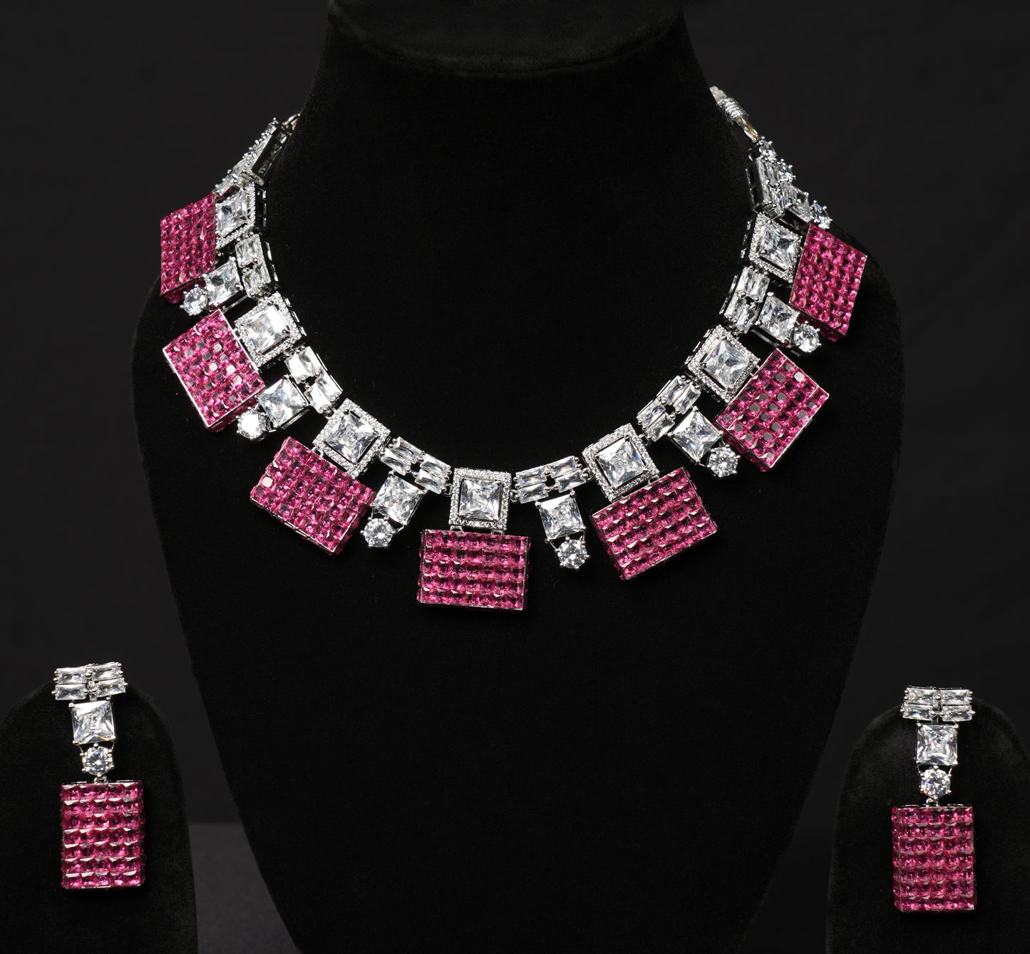 Luxury Pink & White Crystal Necklace and Earrings Set