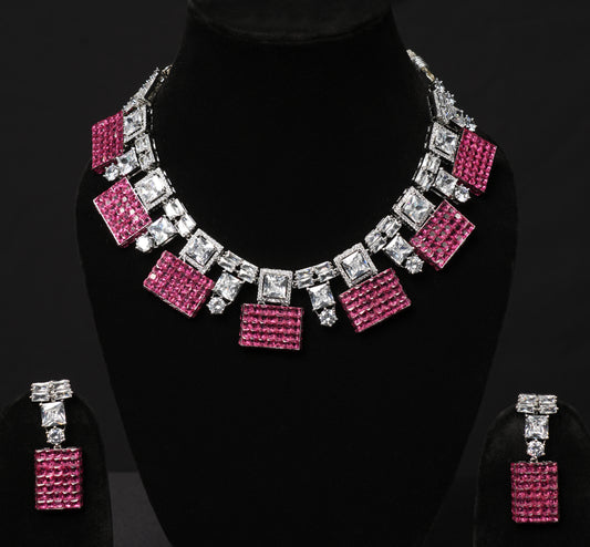 Luxury Pink & White Crystal Necklace and Earrings Set