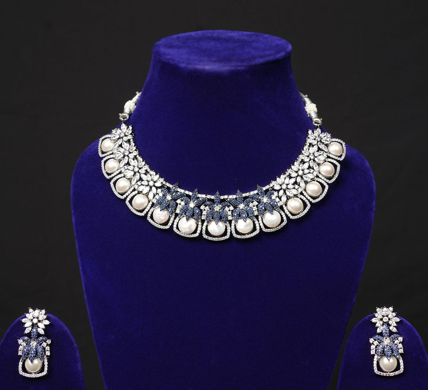 Celestial Pearl & Sapphire Blue Royal Choker Set