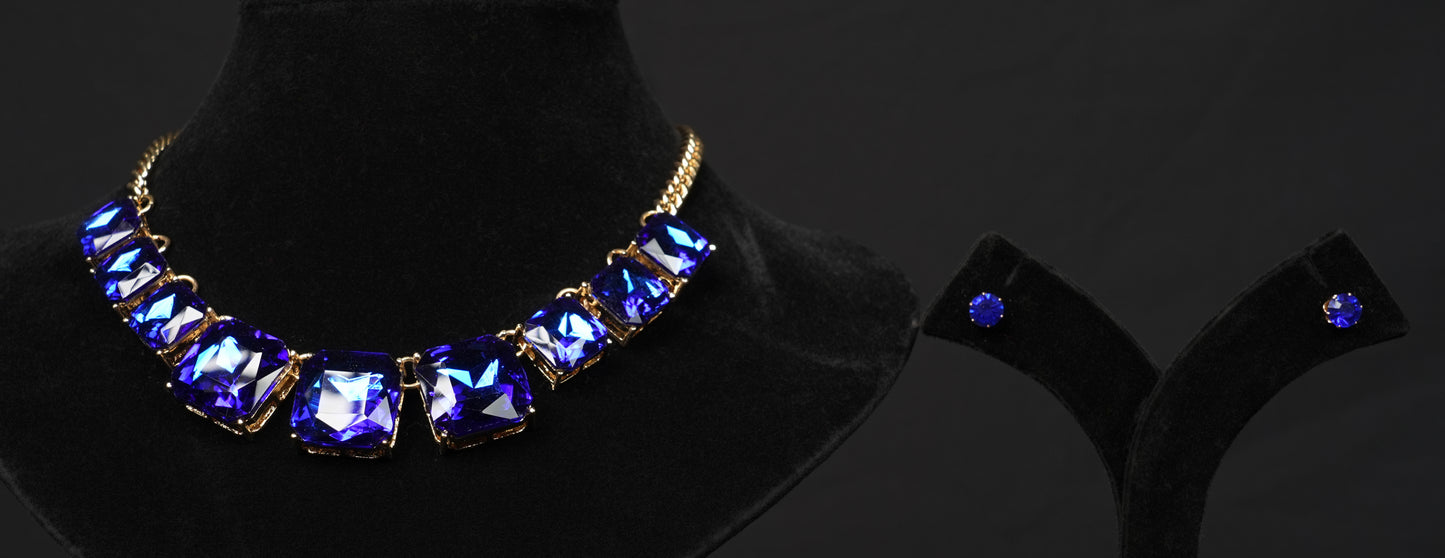 Midnight Sapphire Statement Necklace Set with Stud Earrings