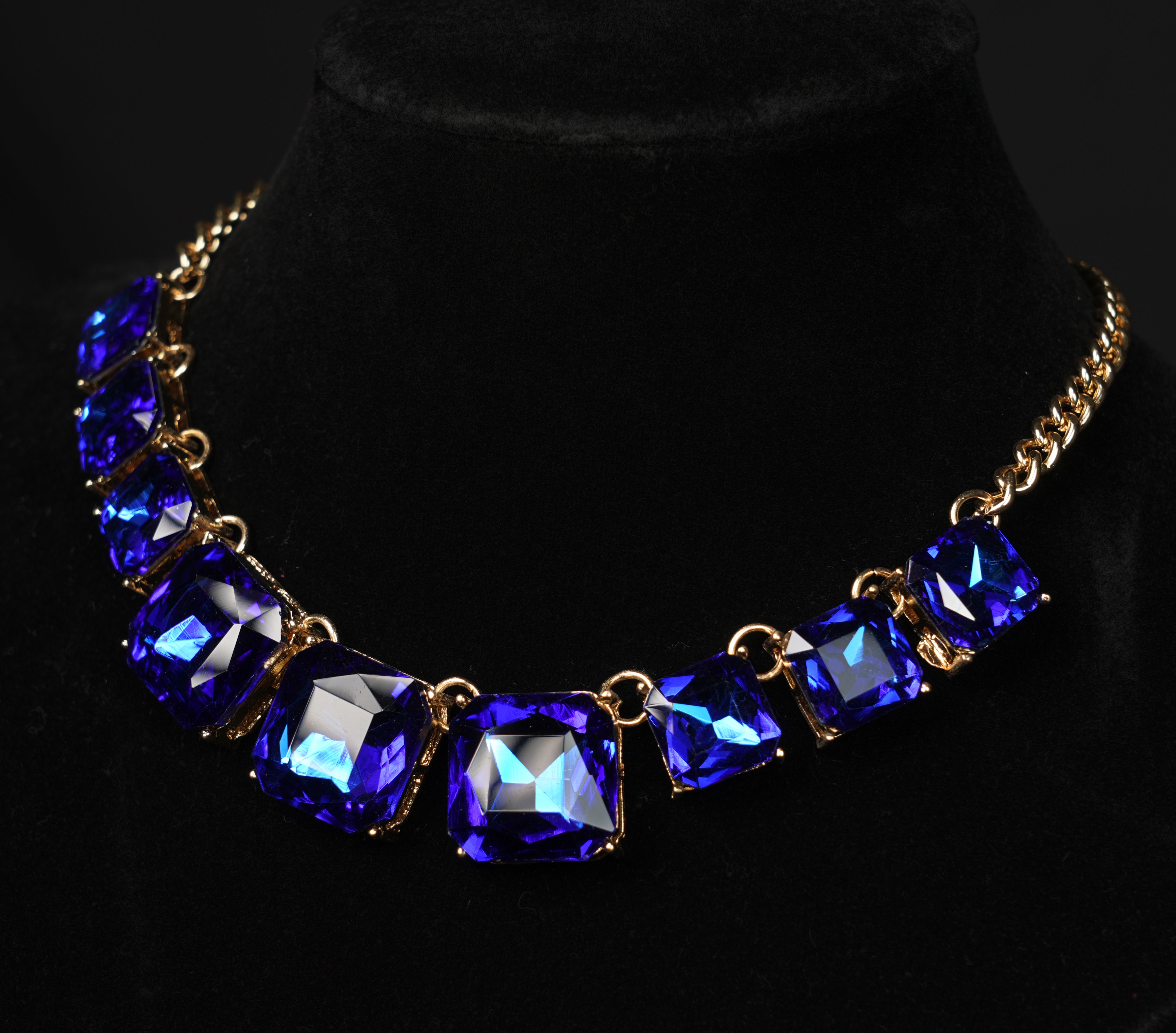 Midnight Sapphire Statement Necklace Set with Stud Earrings