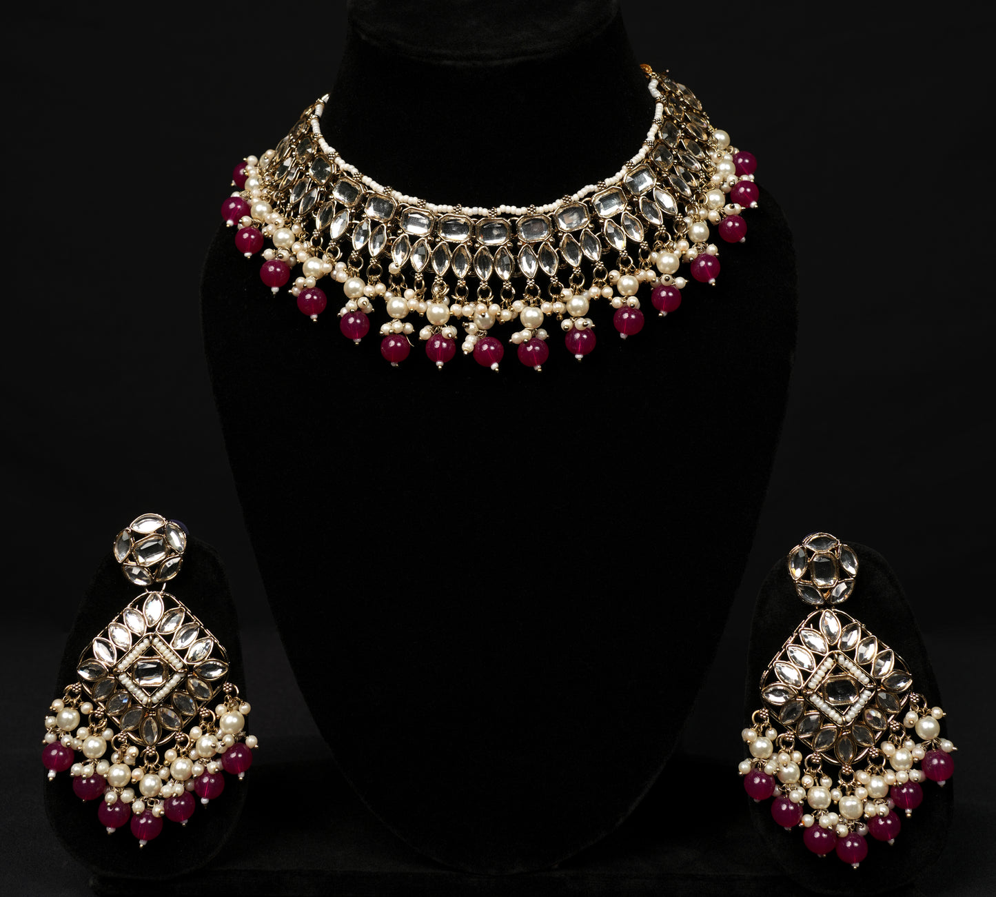Choker Necklace Set with Ruby Beads & Pearl Accents