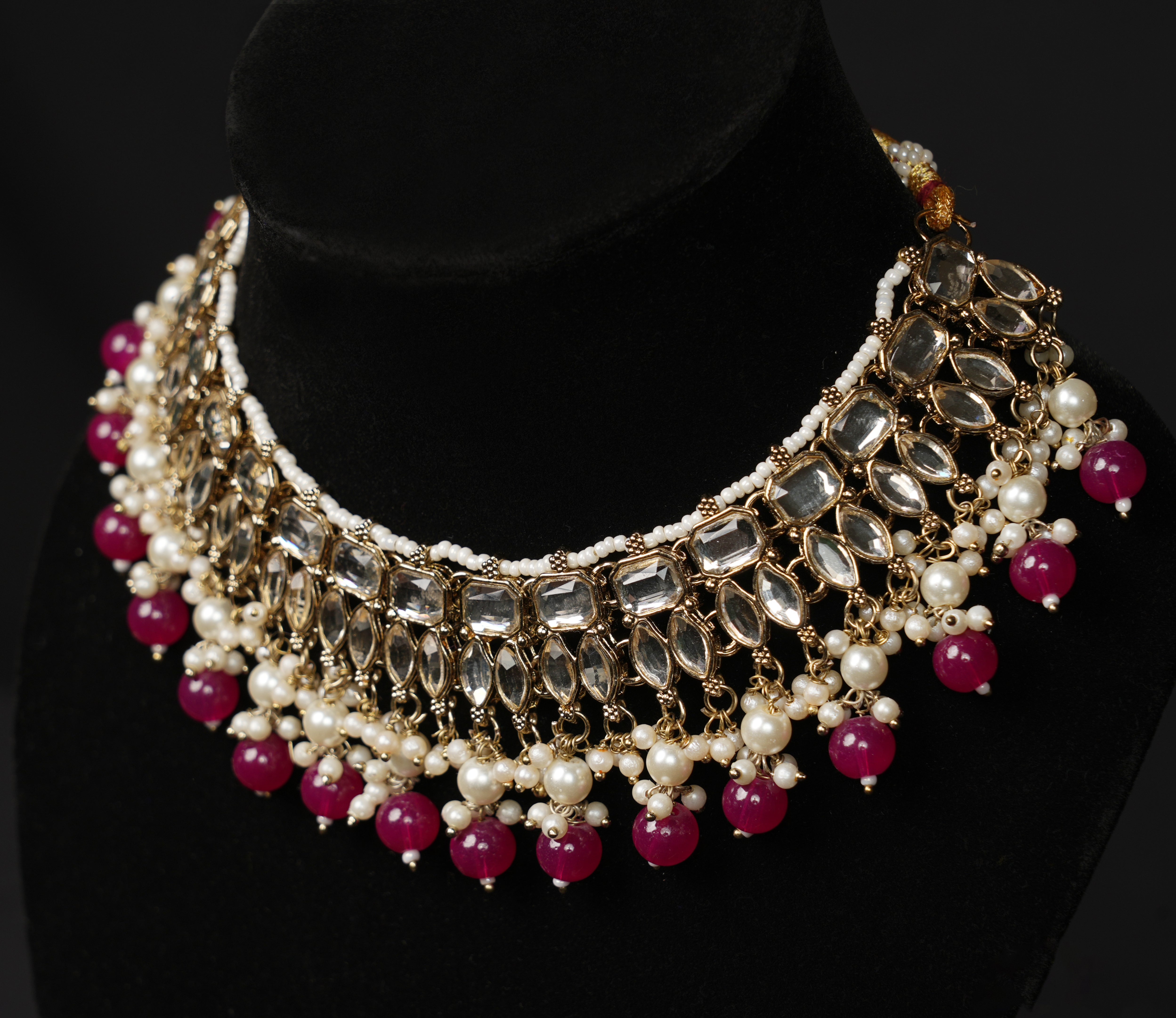 Choker Necklace Set with Ruby Beads & Pearl Accents