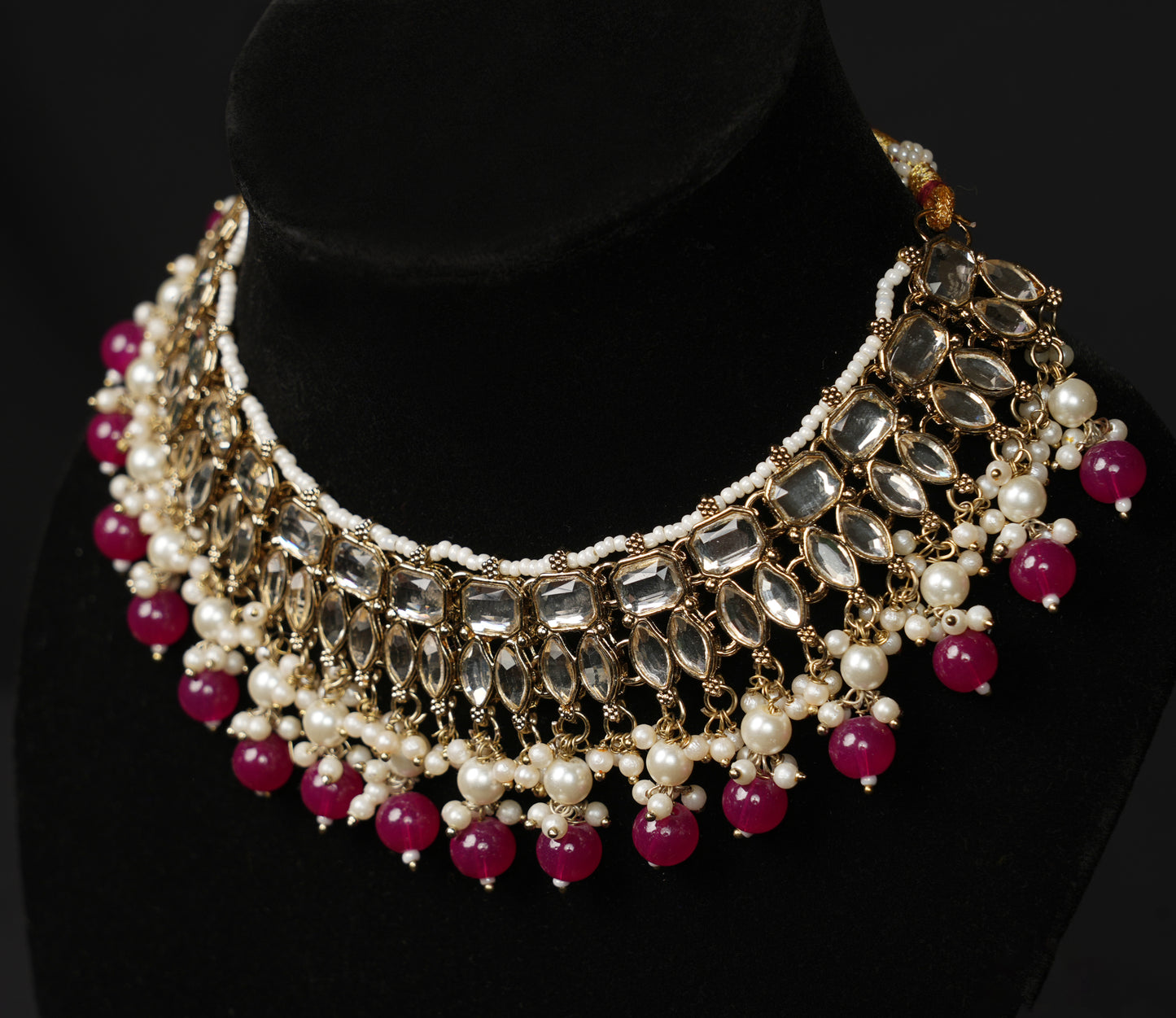 Choker Necklace Set with Ruby Beads & Pearl Accents