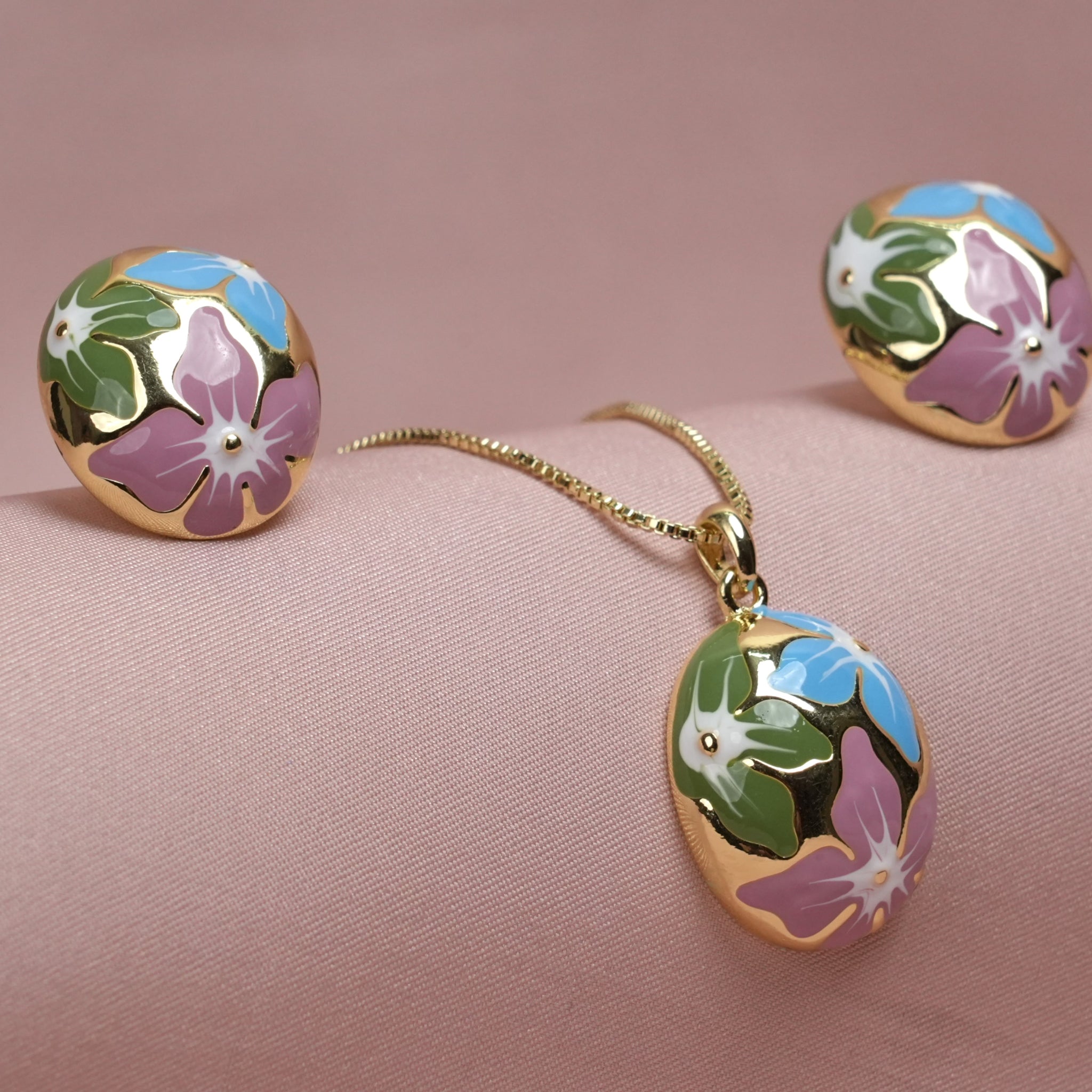 Elegant Floral Enamel Pendant & Earrings Set in Pastel Hues