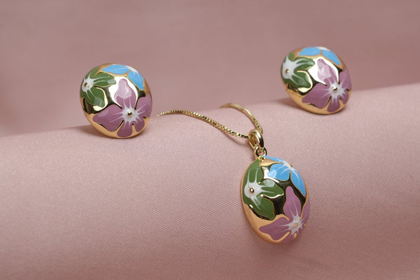 Elegant Floral Enamel Pendant & Earrings Set in Pastel Hues