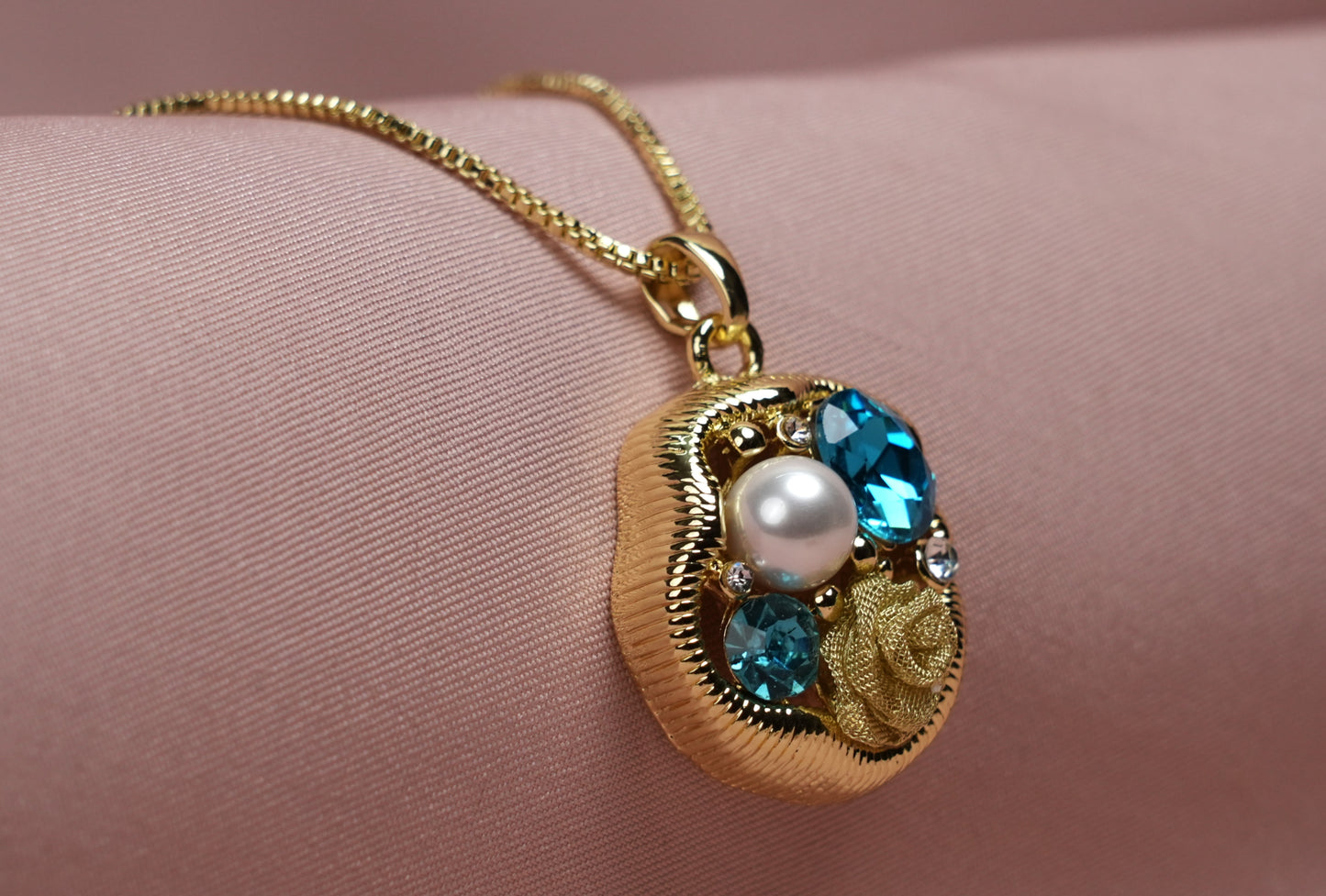 Azure Bloom Pendant, Necklace  –  Pearl & Aquamarine Crystals