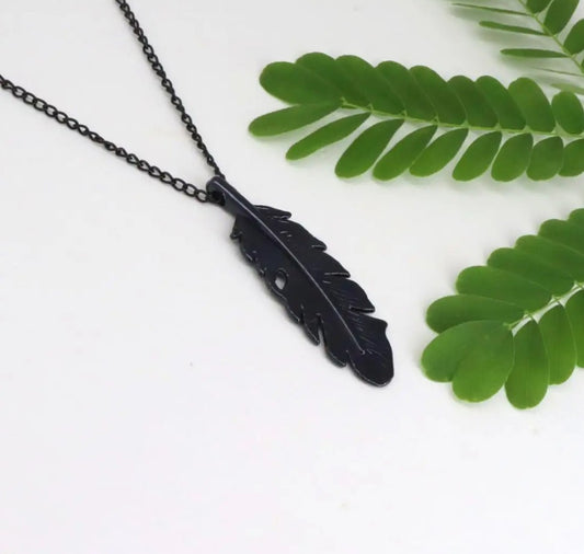 Obsidian Drift Pendant – Black Feather Necklace