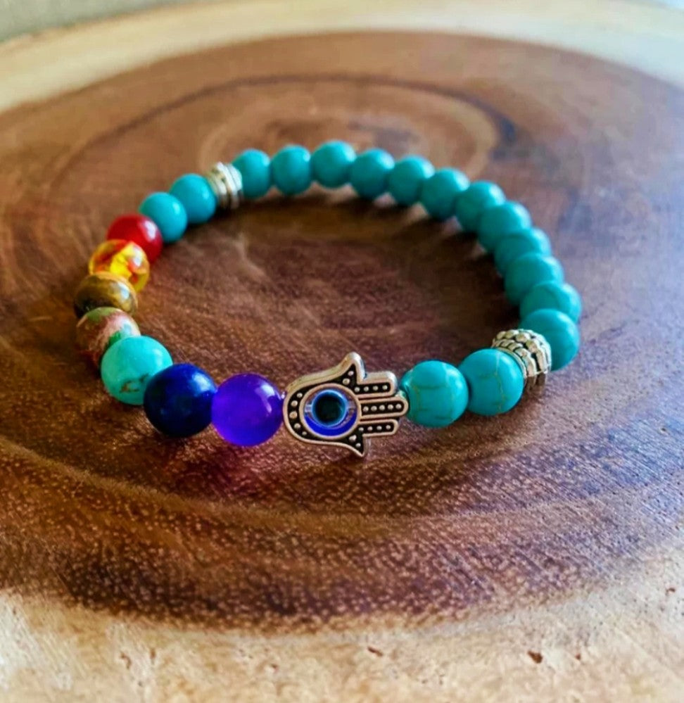 Evil Eye & 7 Chakra Turquoise Healing Bracelet