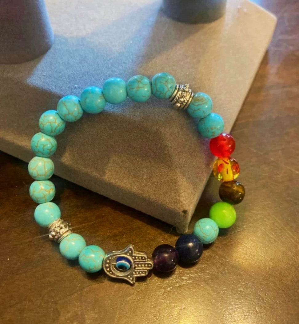 Evil Eye & 7 Chakra Turquoise Healing Bracelet