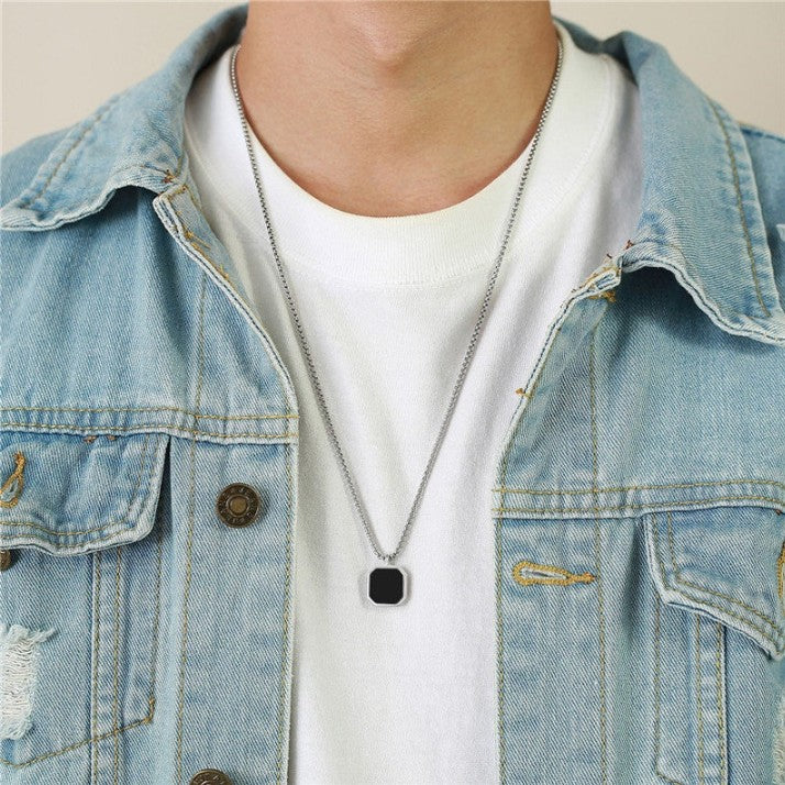 Onyx Edge Pendant Chain – Minimalist Black Square Charm