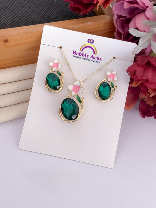 Flora Glitz Golden Enamel Pendant Set