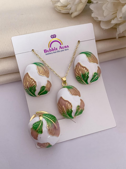 Verdant Elegance Golden Enamel Pendant Set with Ring