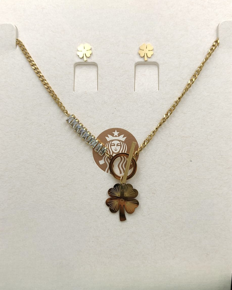 Elegant Clover Charm Necklace & Stud Earrings Set – Gold Finish - Anti-tarnish