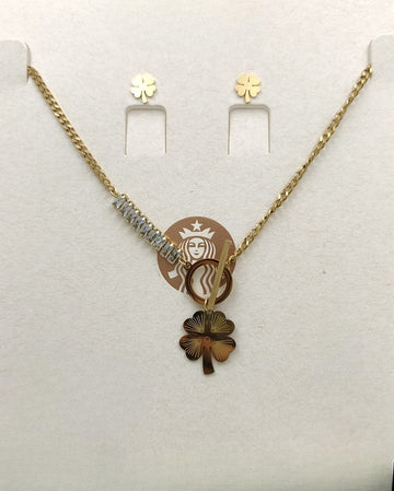 Elegant Clover Charm Necklace & Stud Earrings Set – Gold Finish - Anti-tarnish