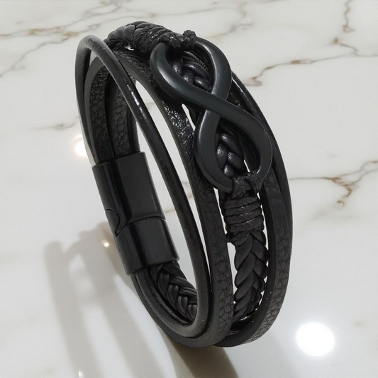 Black Multi-Strand Leather Bracelet with Infinity Symbol