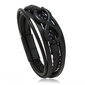 Black Multi-Strand Leather Bracelet with Infinity Symbol