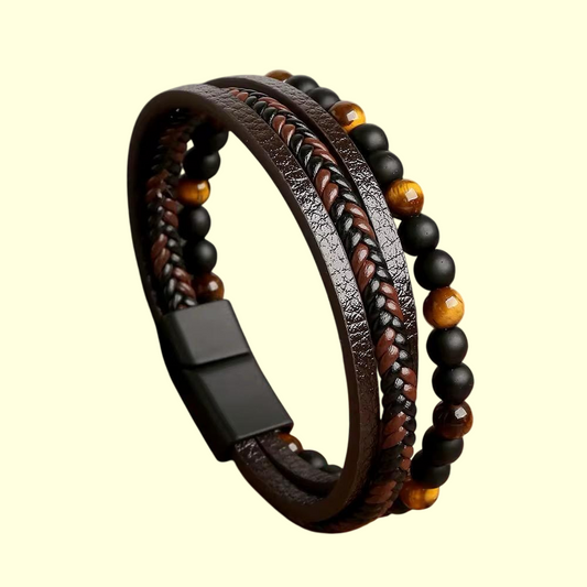 Brown Leather Bracelet with Matte Black & Tiger Eye Beads