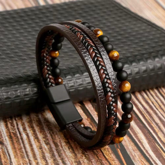 Brown Leather Bracelet with Matte Black & Tiger Eye Beads