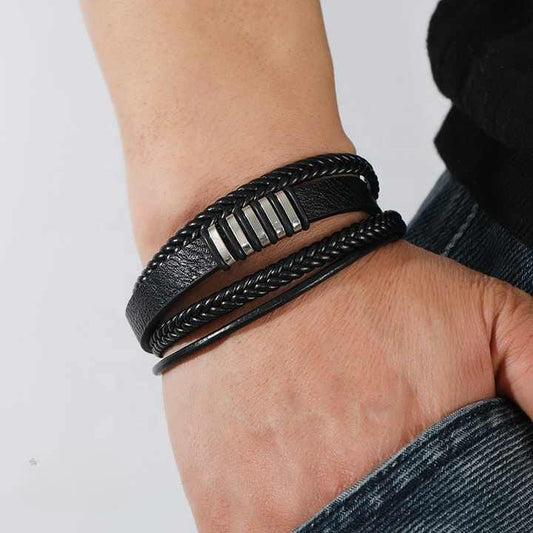 Multi-Layer Black Leather Bracelet with Metal Bar Accents – Edgy Urban Style