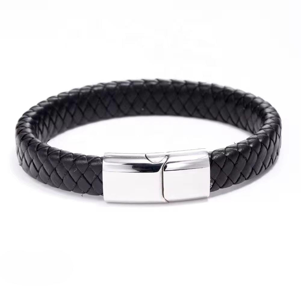 Classic Black Braided Leather Bracelet with Silver Clasp – Minimalist Style