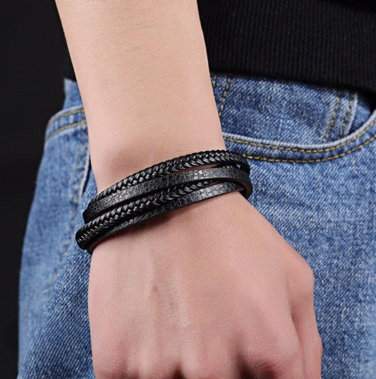 Triple-Layer Black Braided Leather Bracelet