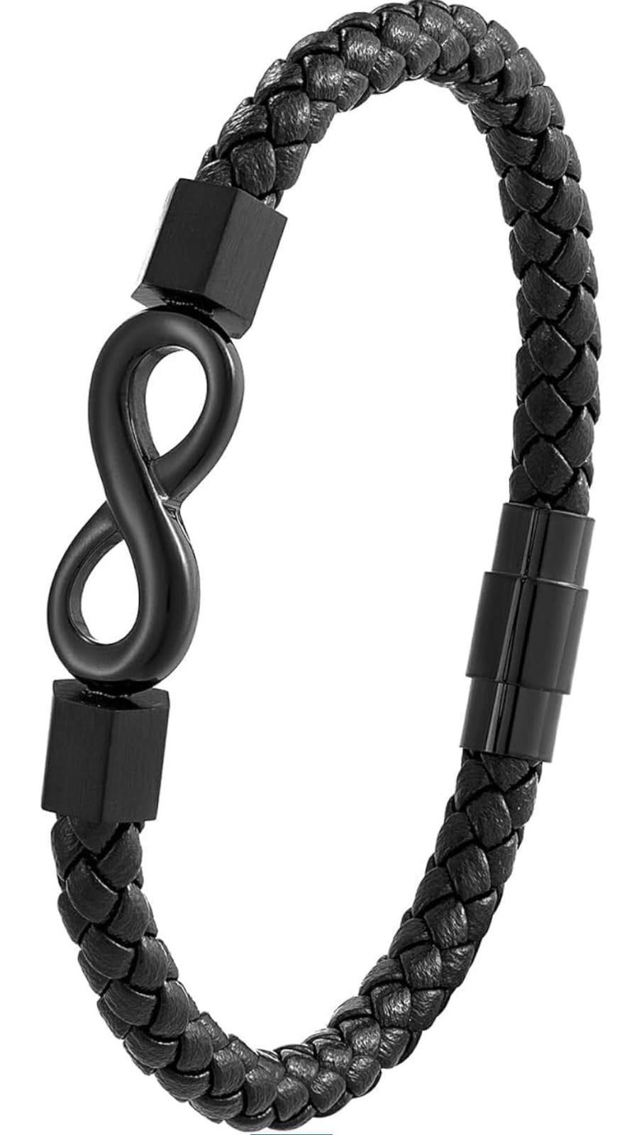 Infinity Charm Black Braided Leather Bracelet