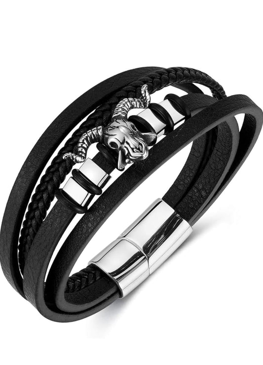 Ram Skull Multi-Layer Black Leather Bracelet for Men