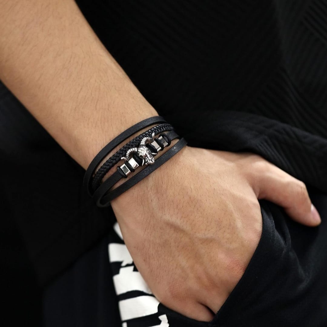 Ram Skull Multi-Layer Black Leather Bracelet for Men