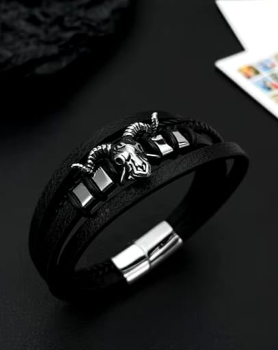 Ram Skull Multi-Layer Black Leather Bracelet for Men