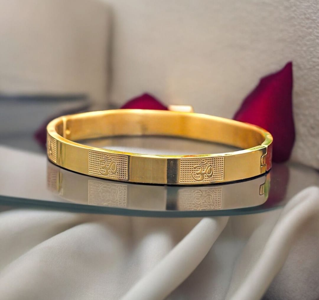 Classic Om Engraved Gold-Toned Kada Bracelet – Spiritual Elegance for Men