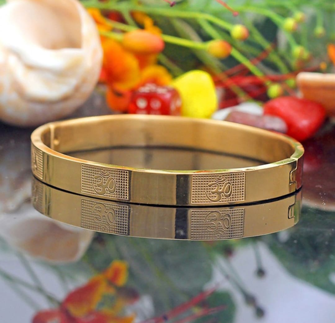 Classic Om Engraved Gold-Toned Kada Bracelet – Spiritual Elegance for Men