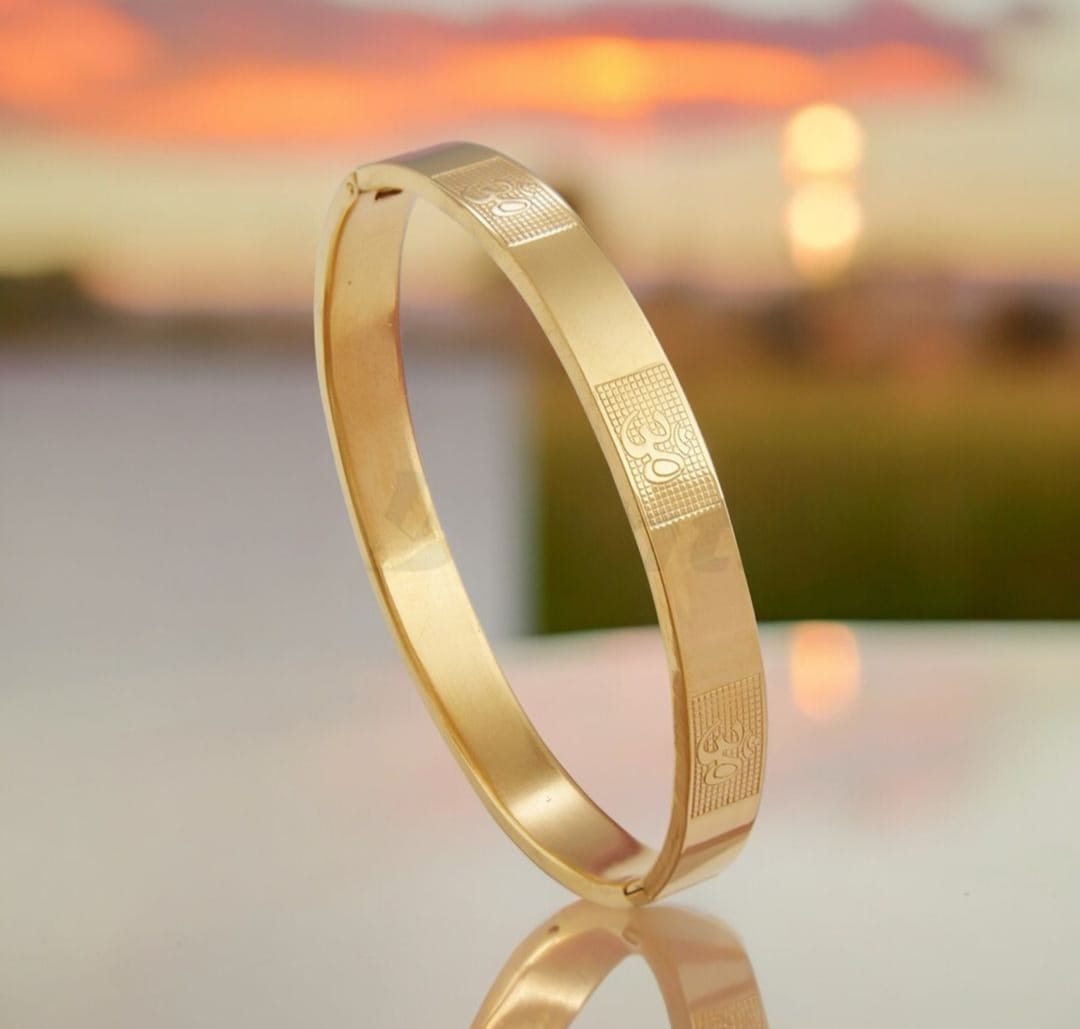 Classic Om Engraved Gold-Toned Kada Bracelet – Spiritual Elegance for Men