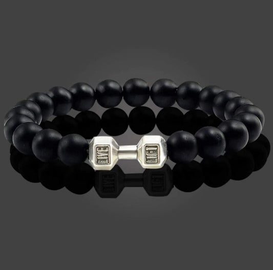 Unisex  - Black Lava Beads Dumbbell Bracelet – Fitness-Inspired Wristwear