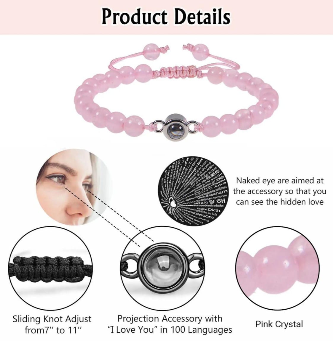 "100 Languages I Love You" Projection Bracelet – Rose Pink Quartz Style